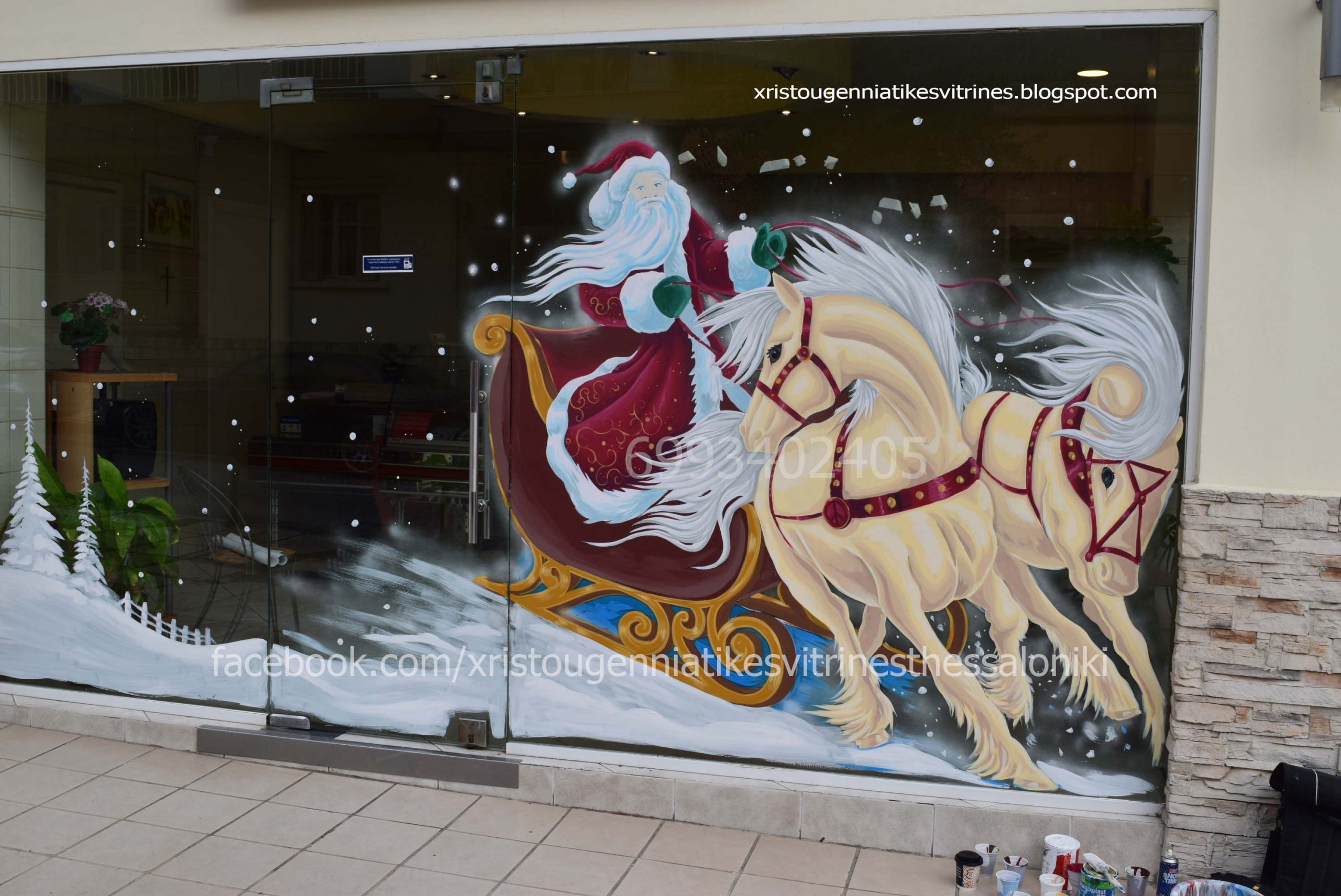 Χριστουγεννιάτικες ζωγραφιές βιτρίνας Άγιος Βασίλης με Άλογα και ελκηθρο