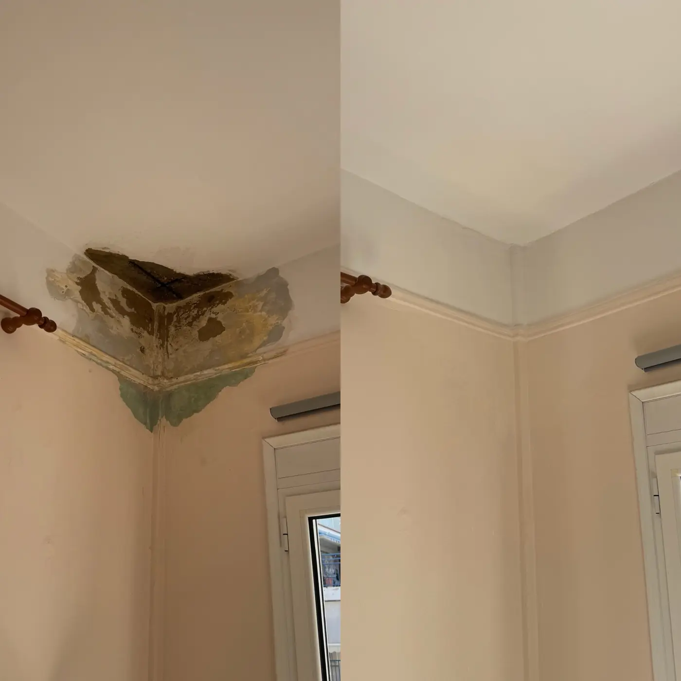 Σημάδια υγρασίας και επισκευή σε ταβάνι και τοίχο πριν και μετά στη Θεσσαλονίκη